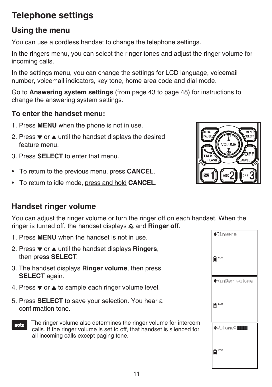 Telephone settings, Using the menu, Handset ringer volume | VTech TR27-2013 Manual User Manual | Page 15 / 84