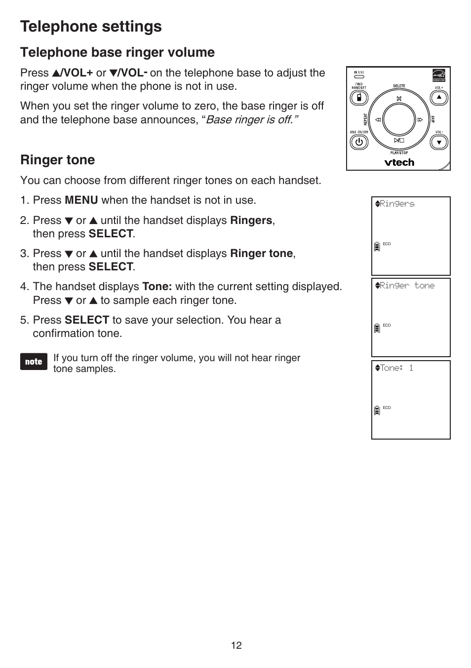 Telephone settings, Telephone base ringer volume, Ringer tone | VTech TR27-2013 Manual User Manual | Page 16 / 84