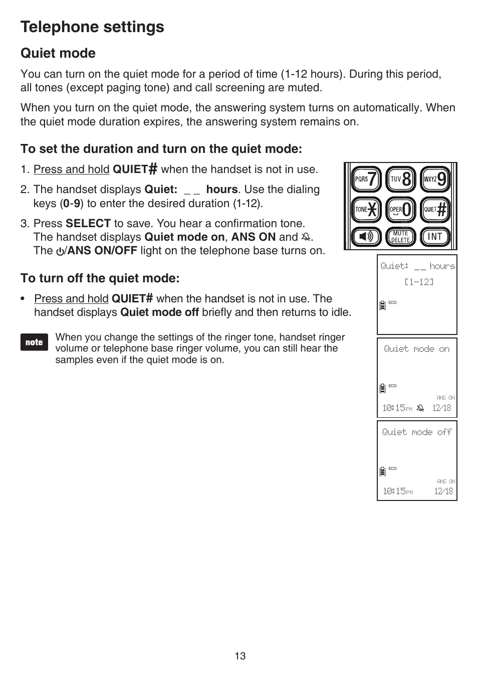 Telephone settings, Quiet mode, Press and hold quiet | VTech TR27-2013 Manual User Manual | Page 17 / 84