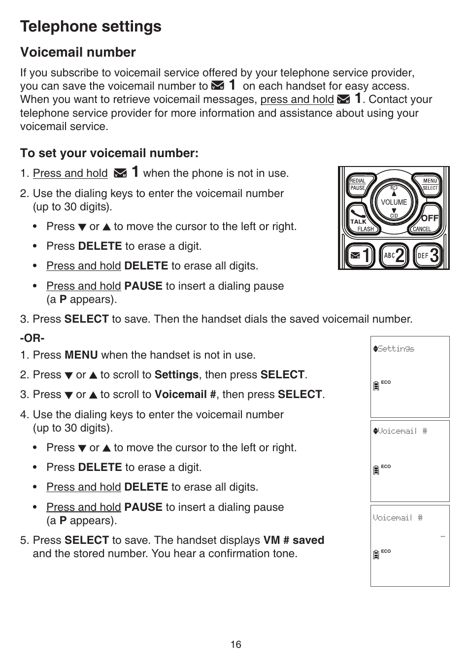 Telephone settings, Voicemail number | VTech TR27-2013 Manual User Manual | Page 20 / 84