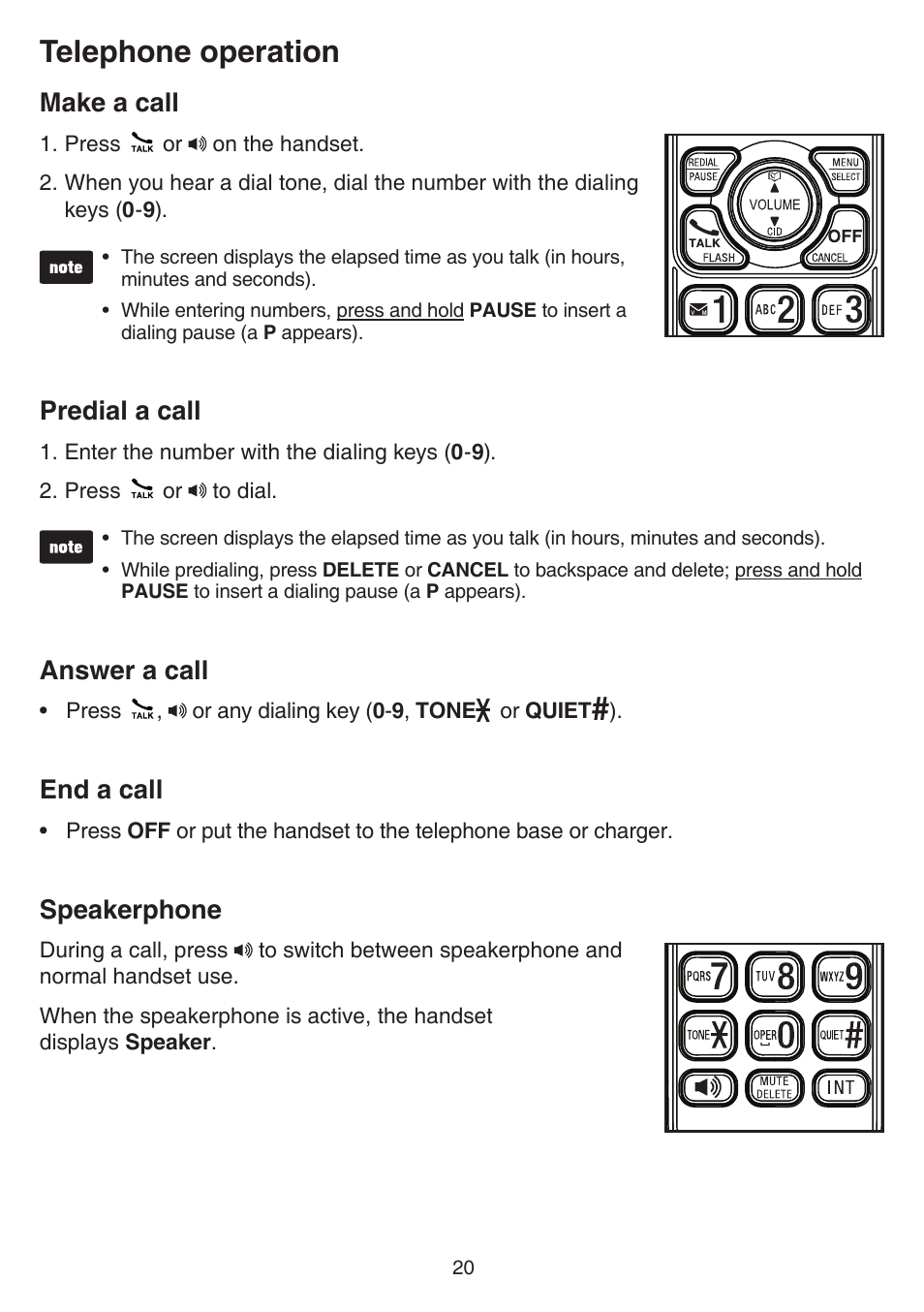 Telephone operation, Make a call, Predial a call | Answer a call, End a call, Speakerphone | VTech TR27-2013 Manual User Manual | Page 24 / 84