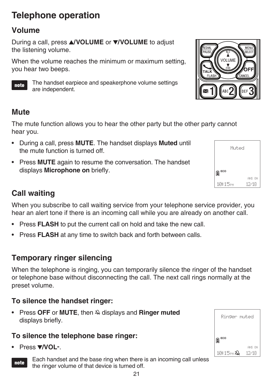 Telephone operation, Volume, Mute | Call waiting, Temporary ringer silencing | VTech TR27-2013 Manual User Manual | Page 25 / 84