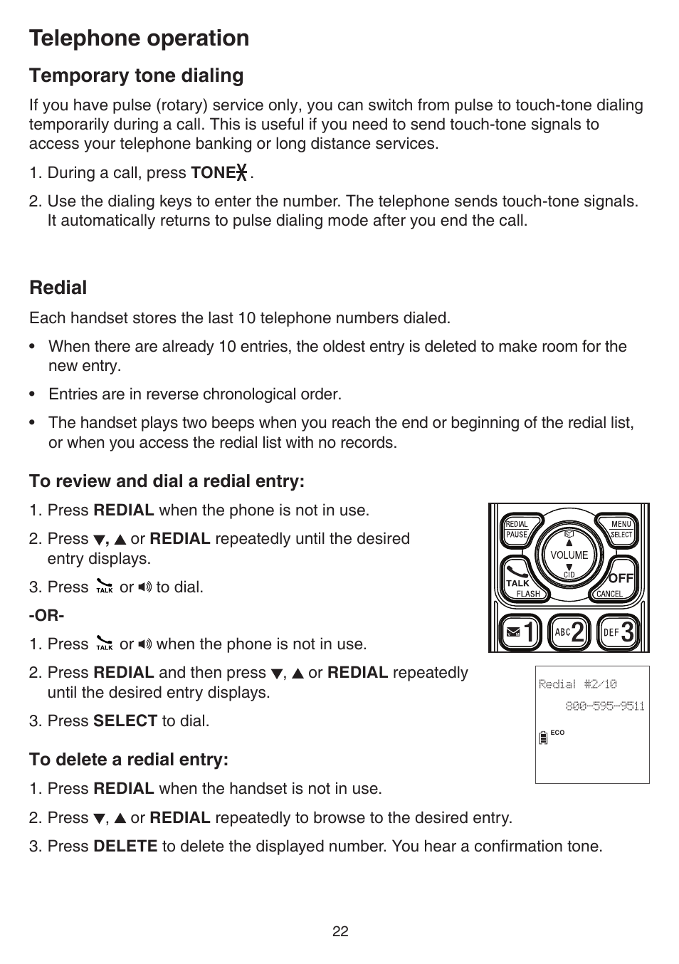 Telephone operation, Temporary tone dialing, Redial | VTech TR27-2013 Manual User Manual | Page 26 / 84