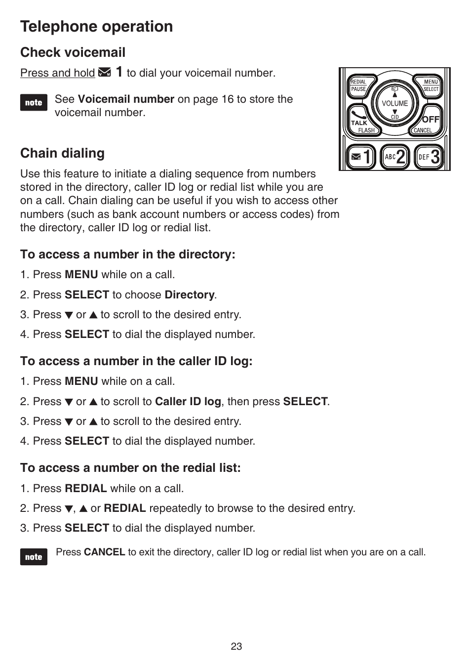 Telephone operation, Check voicemail, Chain dialing | VTech TR27-2013 Manual User Manual | Page 27 / 84