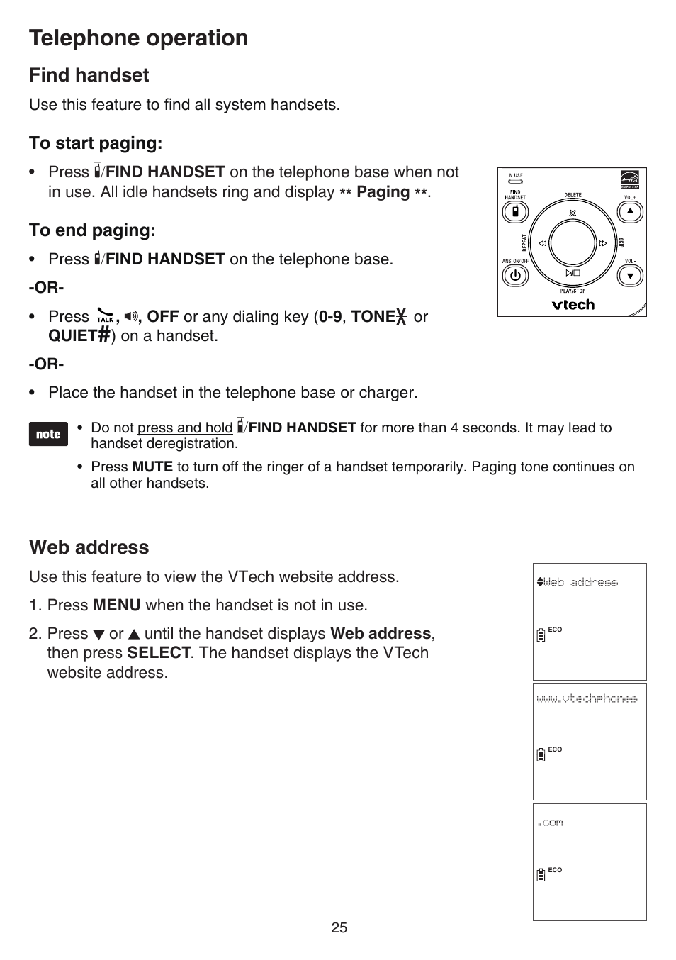 Telephone operation, Find handset, Web address | VTech TR27-2013 Manual User Manual | Page 29 / 84