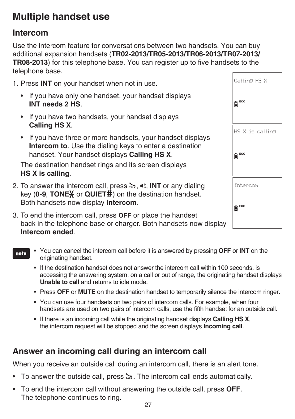 Multiple handset use, Intercom, Answer an incoming call during an intercom call | VTech TR27-2013 Manual User Manual | Page 31 / 84