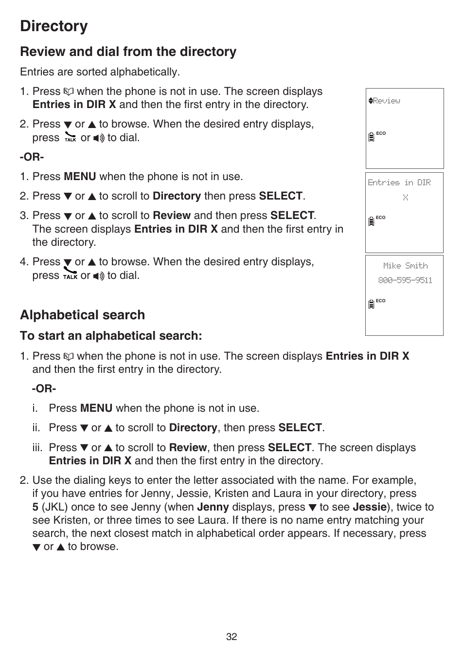 Directory, Review and dial from the directory, Alphabetical search | VTech TR27-2013 Manual User Manual | Page 36 / 84
