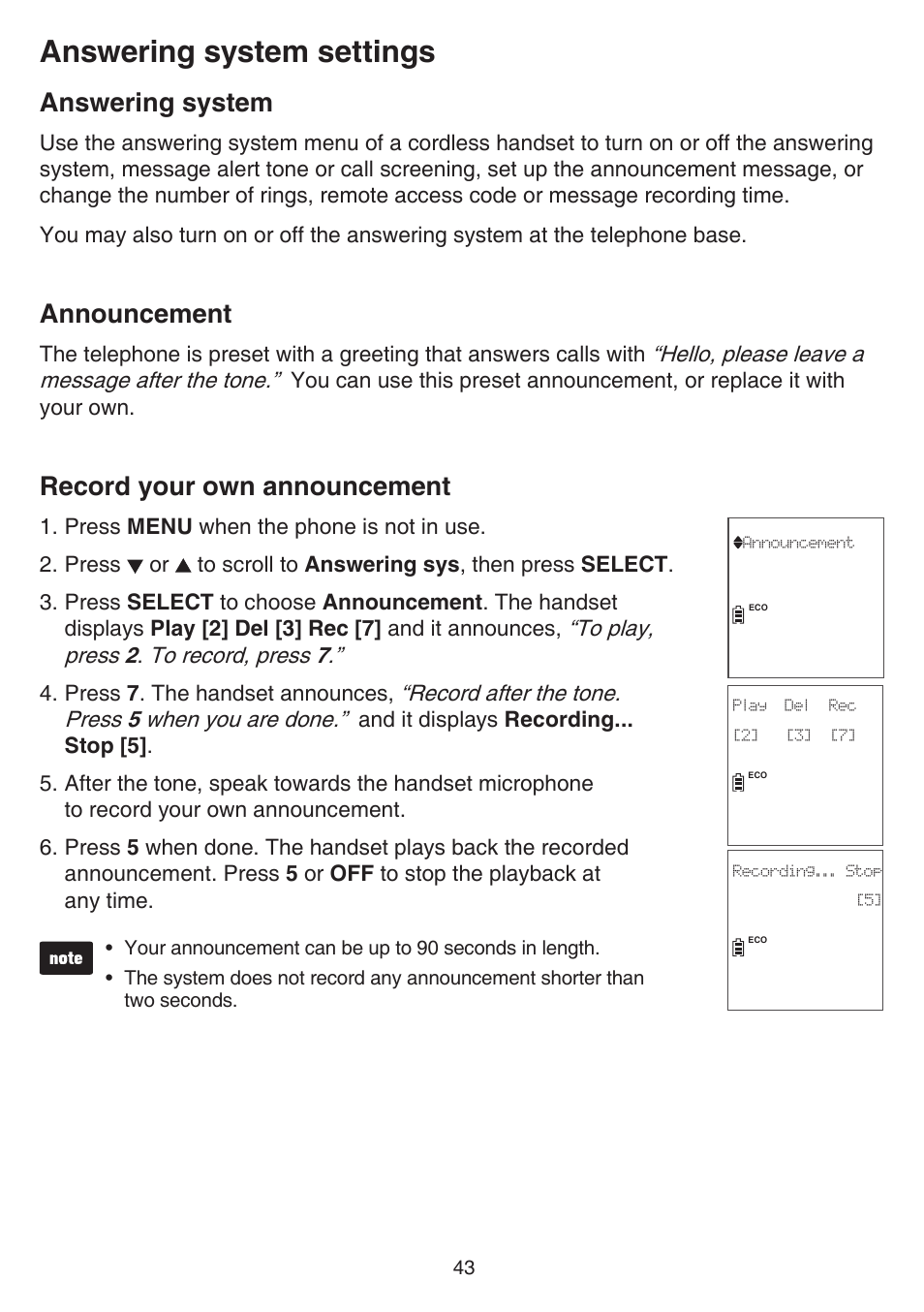 Answering system settings, Answering system, Announcement | Record your own announcement | VTech TR27-2013 Manual User Manual | Page 47 / 84