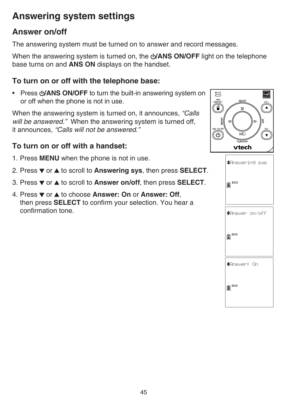 Answering system settings, Answer on/off | VTech TR27-2013 Manual User Manual | Page 49 / 84