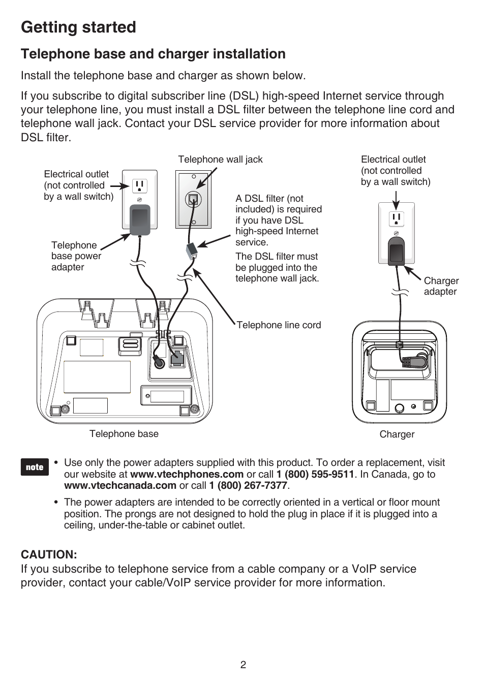 Getting started, Telephone base and charger installation | VTech TR27-2013 Manual User Manual | Page 6 / 84