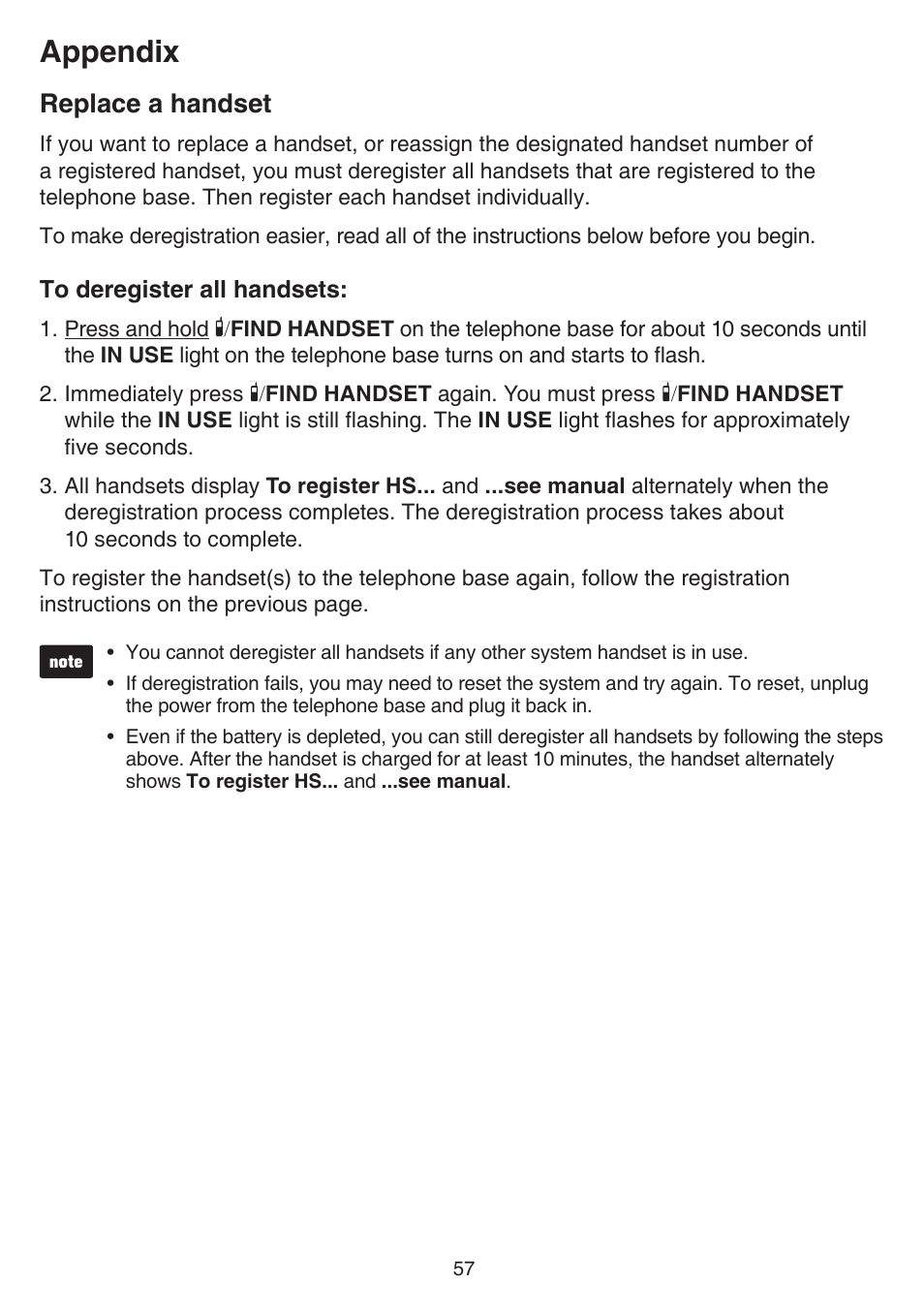 Appendix, Replace a handset | VTech TR27-2013 Manual User Manual | Page 61 / 84