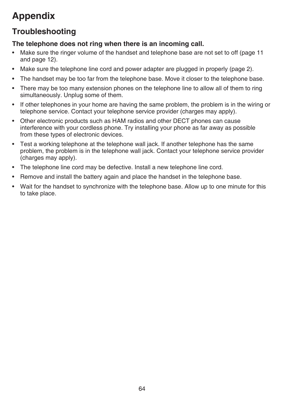 Appendix, Troubleshooting | VTech TR27-2013 Manual User Manual | Page 68 / 84