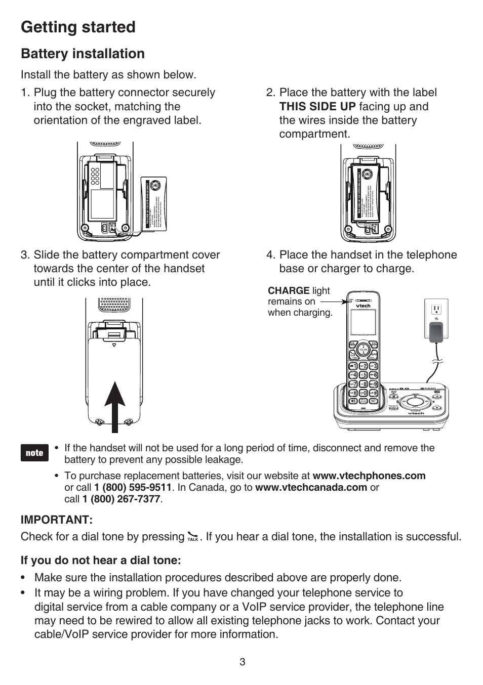 Getting started, Battery installation, Install the battery as shown below | VTech TR27-2013 Manual User Manual | Page 7 / 84