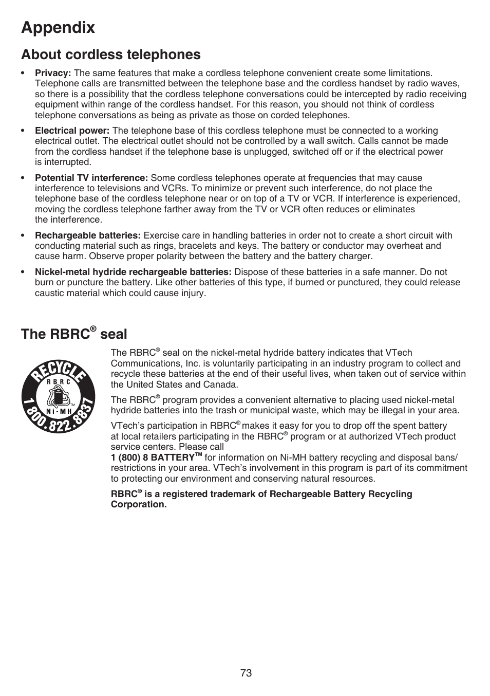 Appendix, About cordless telephones, The rbrc | Seal | VTech TR27-2013 Manual User Manual | Page 77 / 84