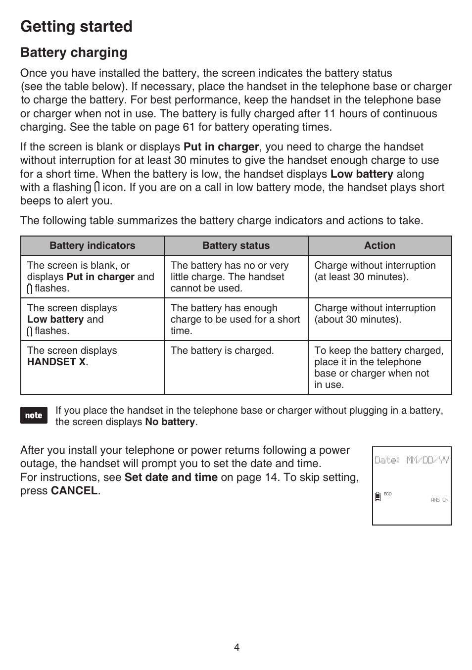 Getting started, Battery charging | VTech TR27-2013 Manual User Manual | Page 8 / 84