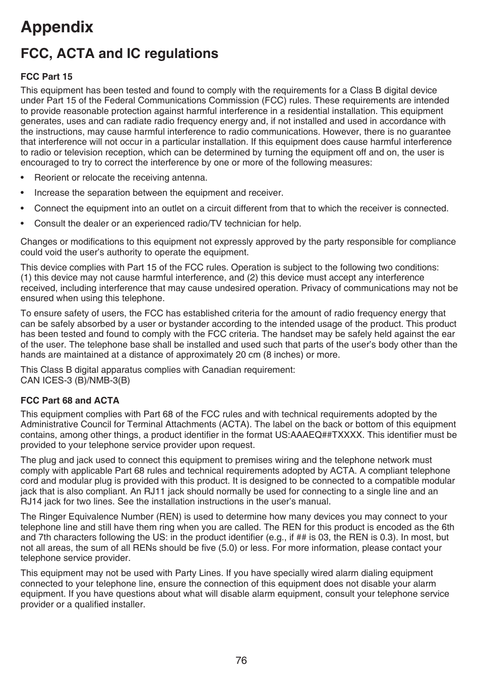 Appendix, Fcc, acta and ic regulations | VTech TR27-2013 Manual User Manual | Page 80 / 84