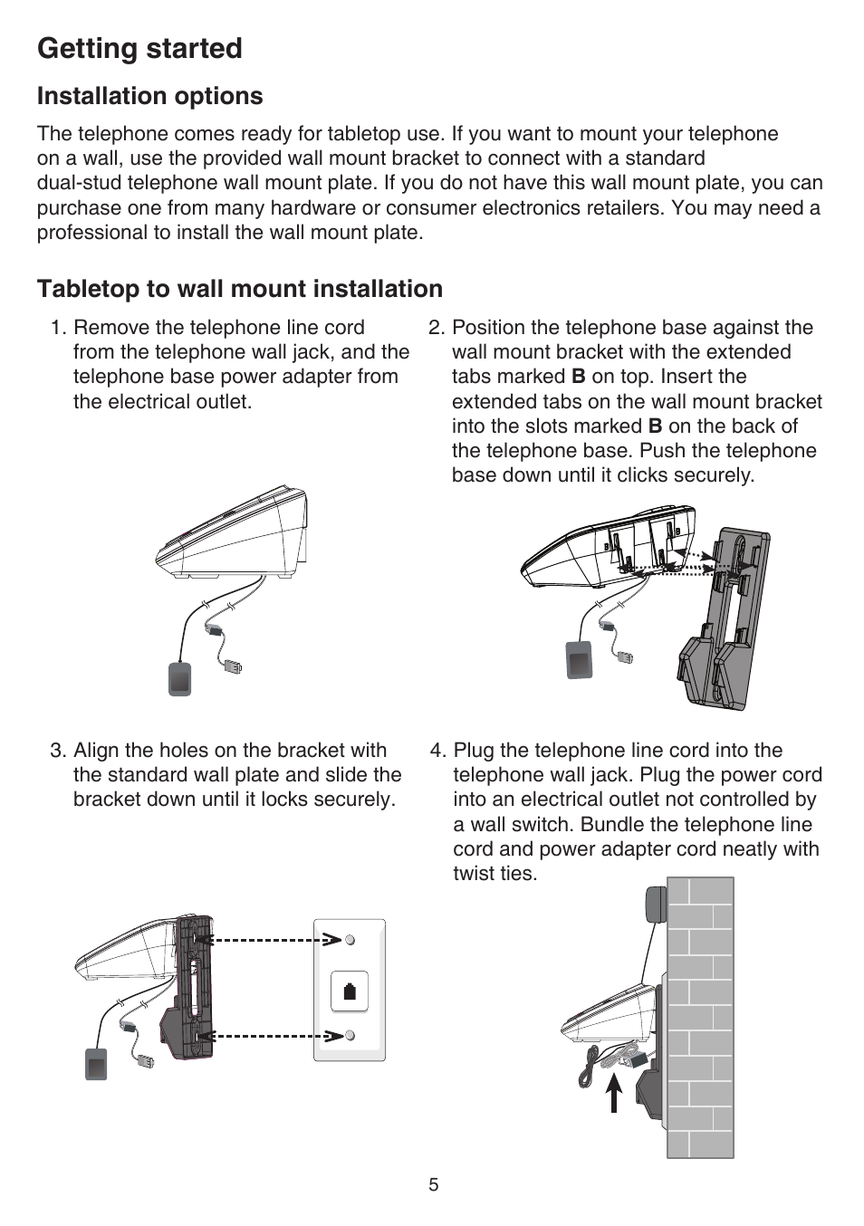 Getting started, Installation options, Tabletop to wall mount installation | VTech TR27-2013 Manual User Manual | Page 9 / 84