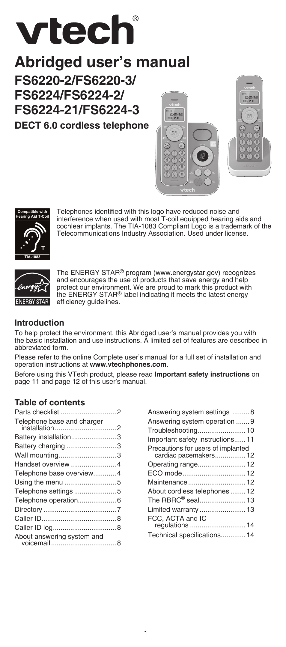 VTech FS6224_-2-21-3 Abridged manual User Manual | 14 pages