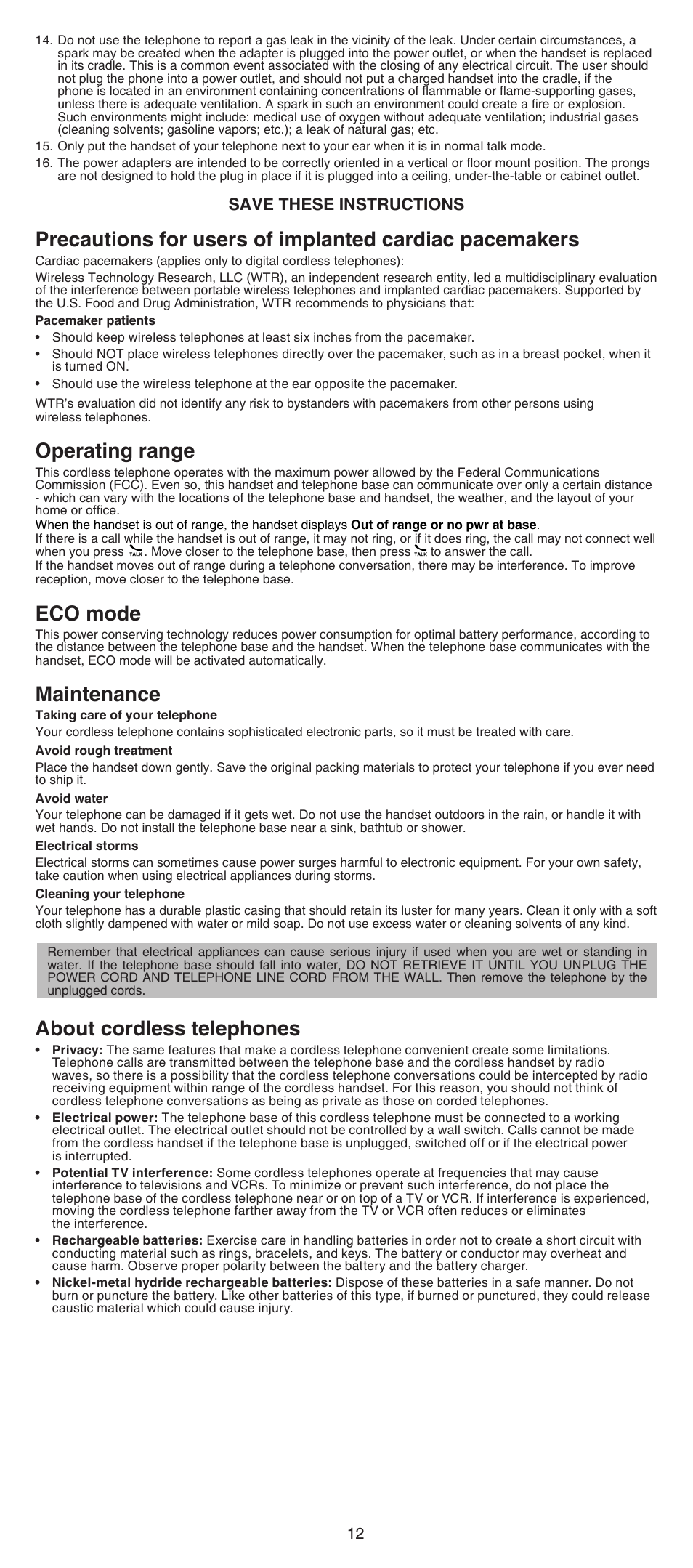 The rbrc® seal, Maintenance, Eco mode | Operating range, Precautions for users of implanted, Cardiac pacemakers ................ 2, The rbrc, Seal ........................ 3, About cordless telephones, Save these instructions | VTech FS6224_-2-21-3 Abridged manual User Manual | Page 12 / 14