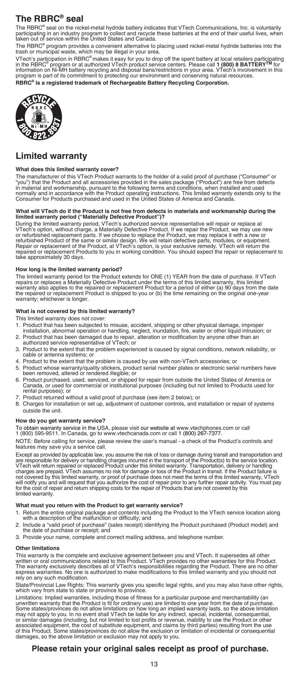 Limited warranty, Limited warranty ........................ 3, The rbrc | Seal | VTech FS6224_-2-21-3 Abridged manual User Manual | Page 13 / 14