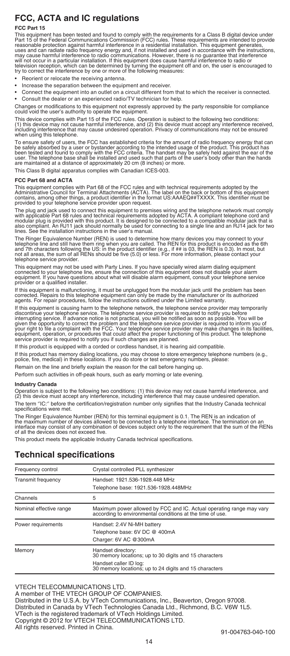 Technical specifications, Fcc, acta and ic regulations, Fcc, acta and ic | Regulations ............................. 4, Technical specifications............. 4 | VTech FS6224_-2-21-3 Abridged manual User Manual | Page 14 / 14