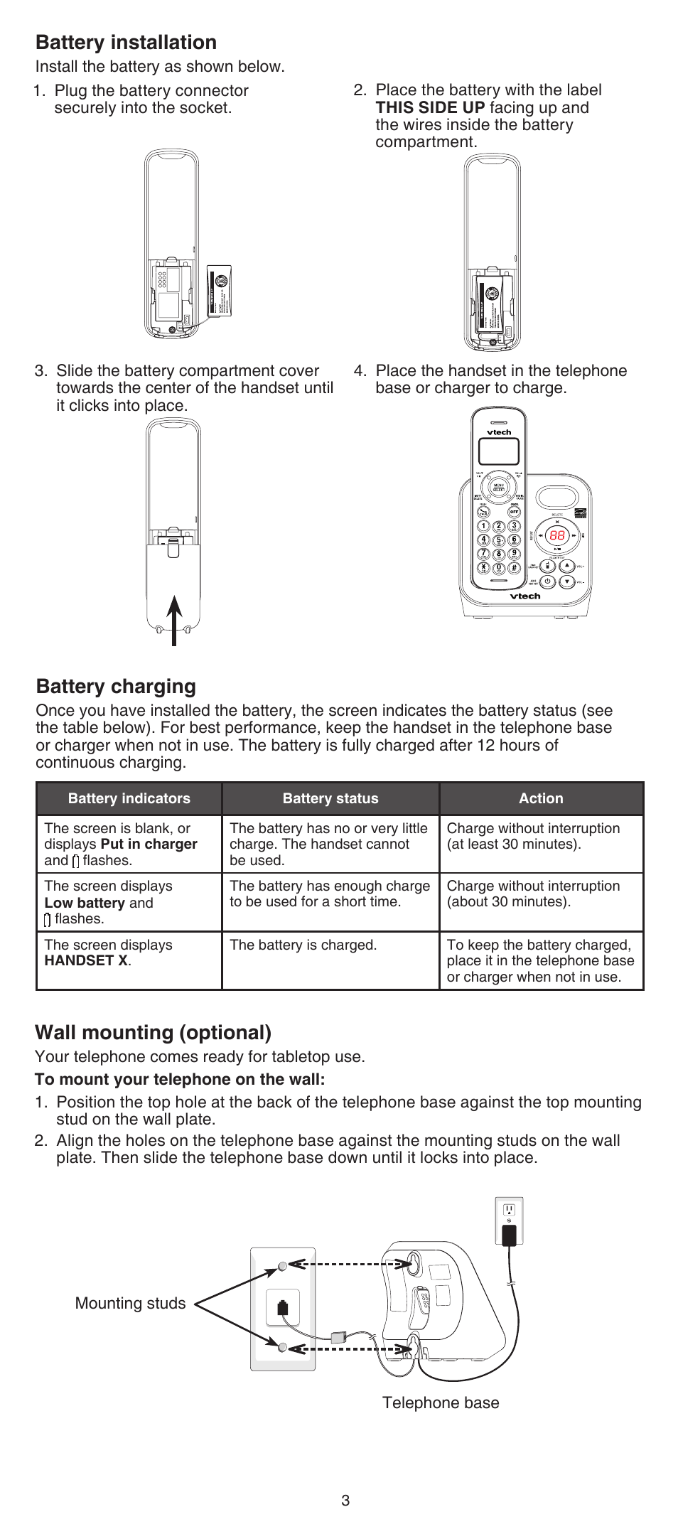 Wall mounting (optional), Battery charging, Battery installation | VTech FS6224_-2-21-3 Abridged manual User Manual | Page 3 / 14