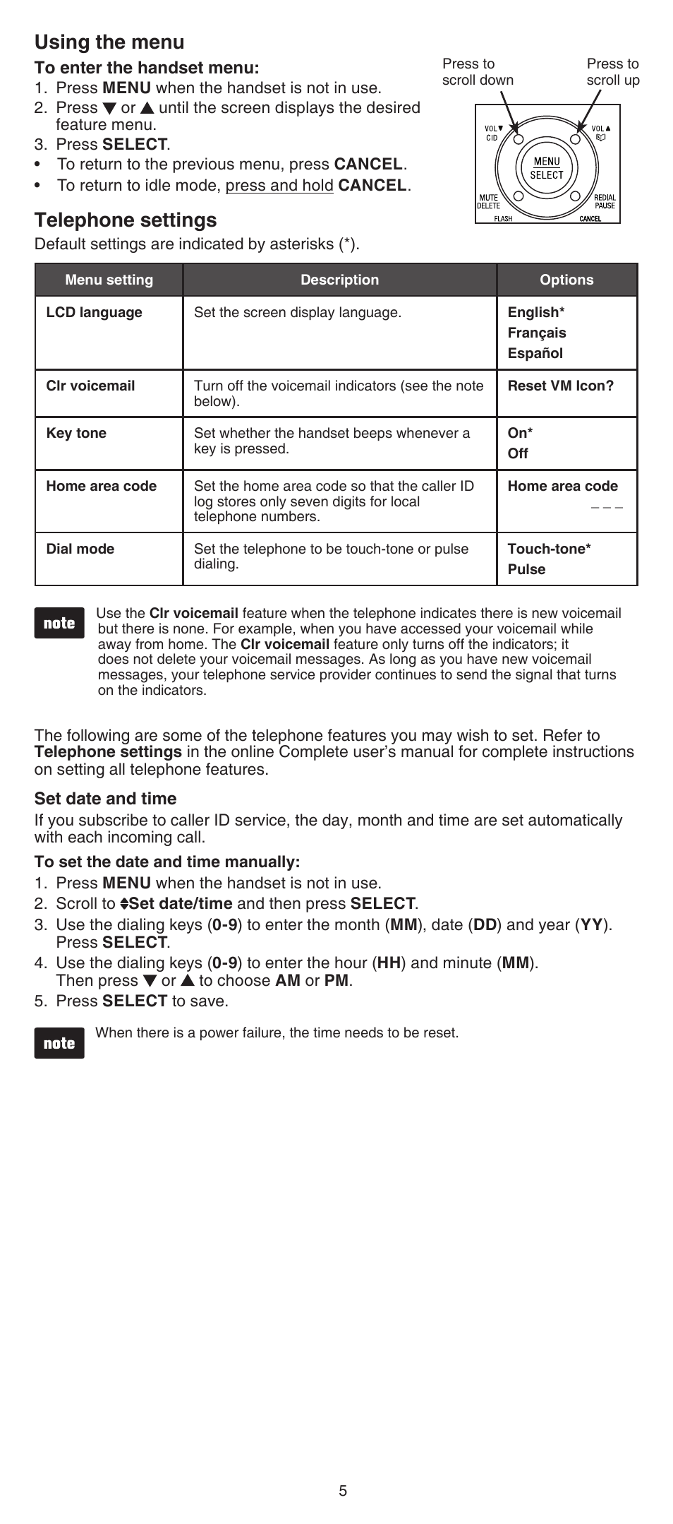 Telephone settings, Using the menu, Using the menu telephone settings | VTech FS6224_-2-21-3 Abridged manual User Manual | Page 5 / 14