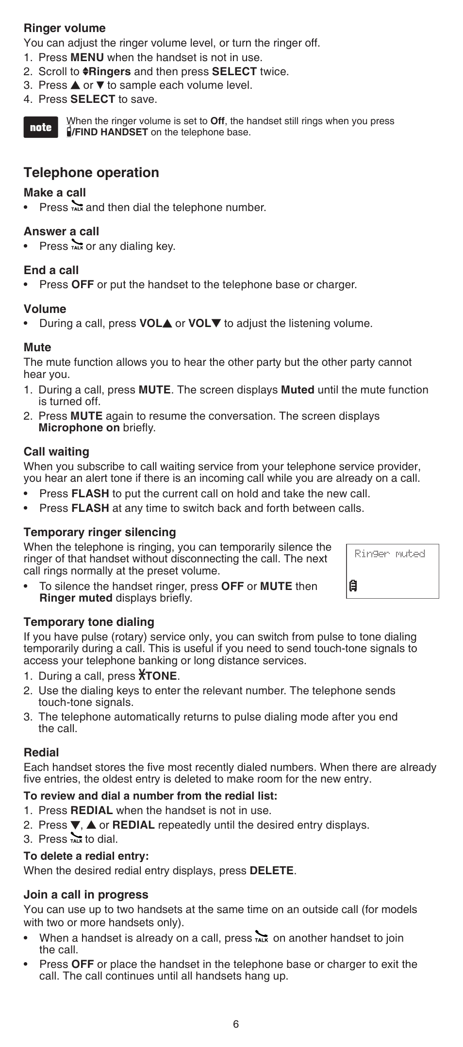 Telephone operation | VTech FS6224_-2-21-3 Abridged manual User Manual | Page 6 / 14