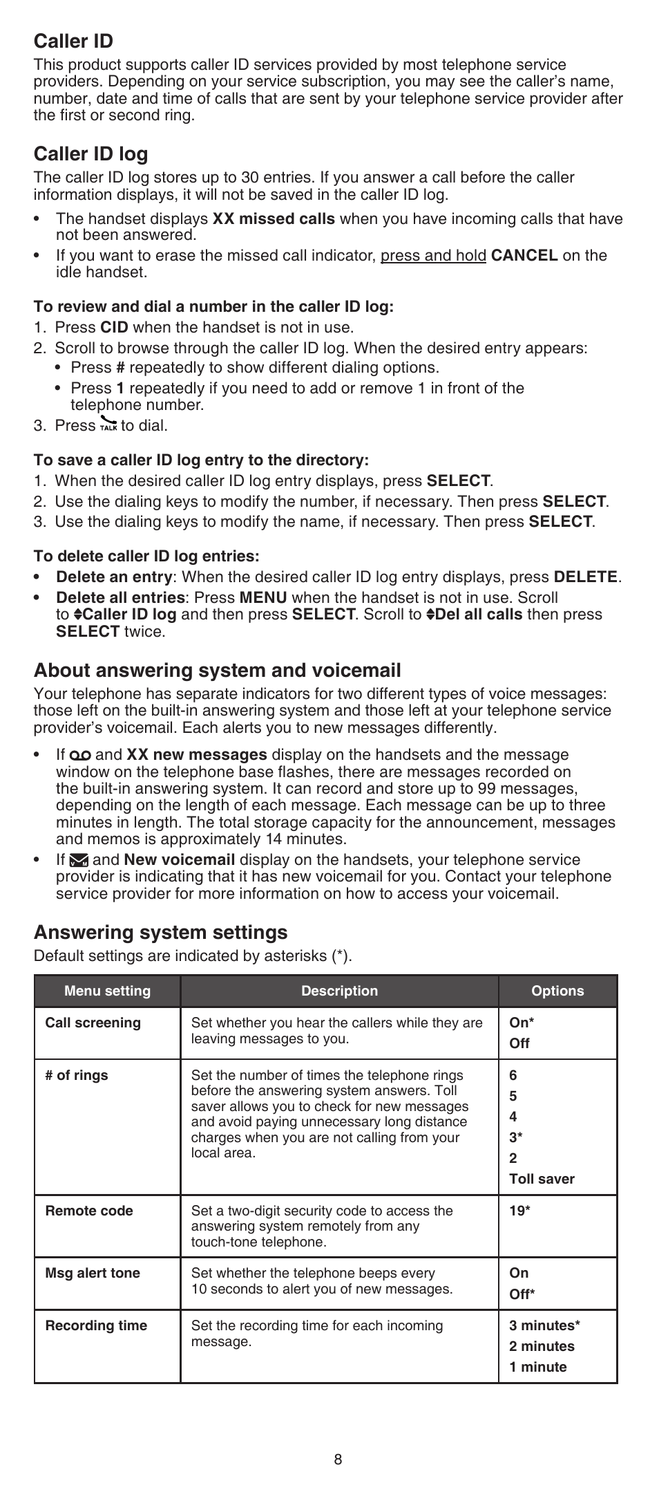 Answering system settings, About answering system and voicemail, Call log | Caller id, Caller id caller id log about answering system and, Voicemail, Caller id log | VTech FS6224_-2-21-3 Abridged manual User Manual | Page 8 / 14