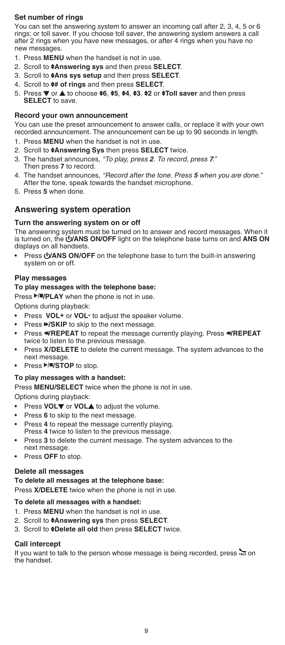 Answering system operation | VTech FS6224_-2-21-3 Abridged manual User Manual | Page 9 / 14