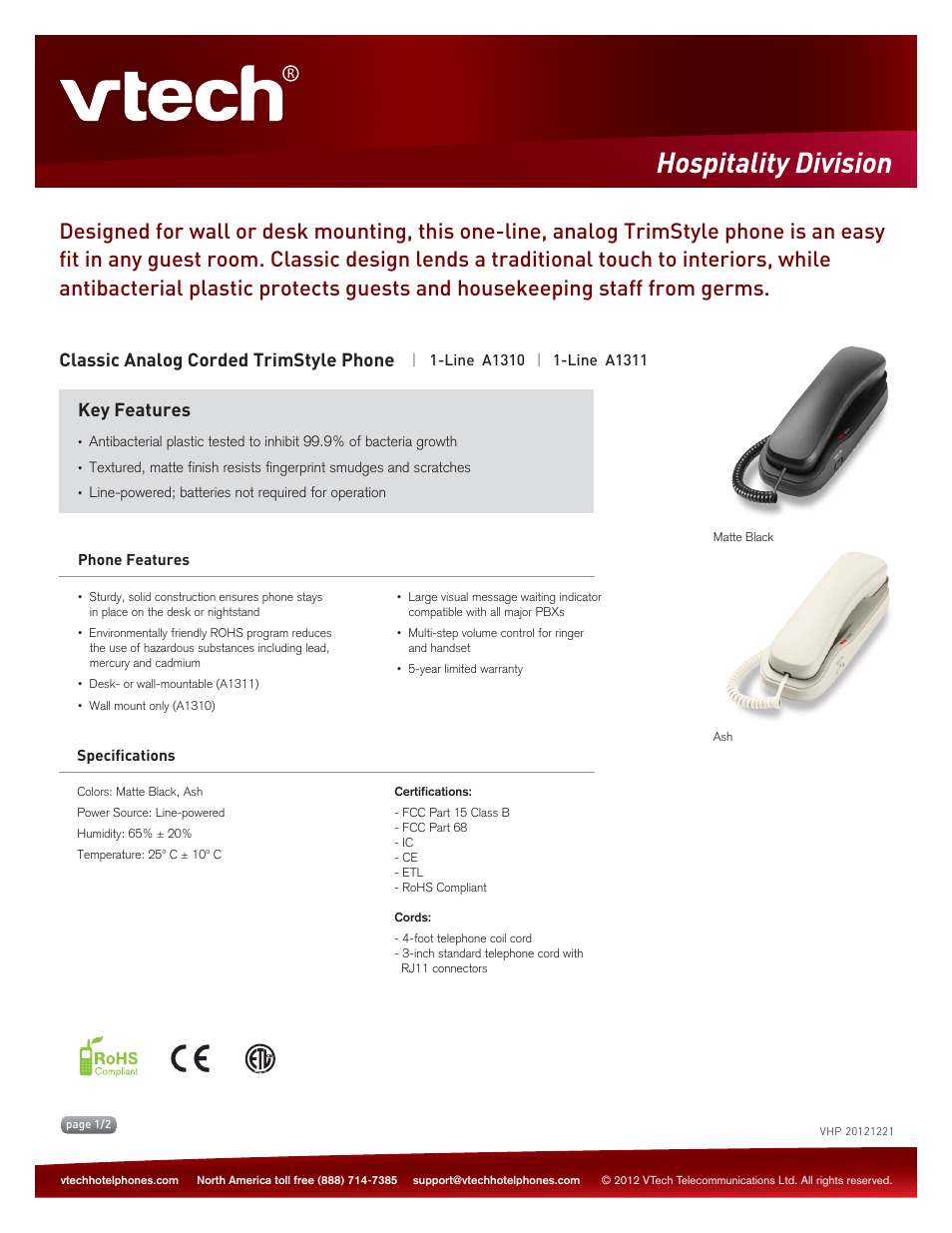 VTech A1311 Spec Sheets User Manual | 2 pages