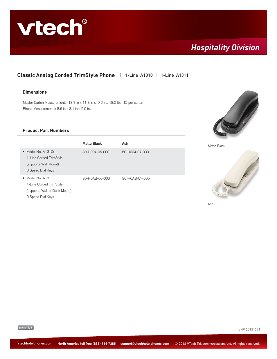 Key features, Classic analog corded trimstyle phone | VTech A1311 Spec Sheets User Manual | Page 2 / 2