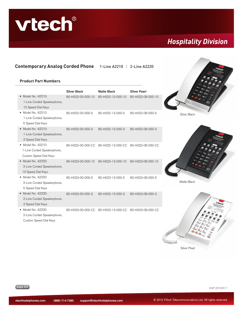 Contemporary analog corded phone, Key features | VTech A2210 Spec Sheets User Manual | Page 2 / 2