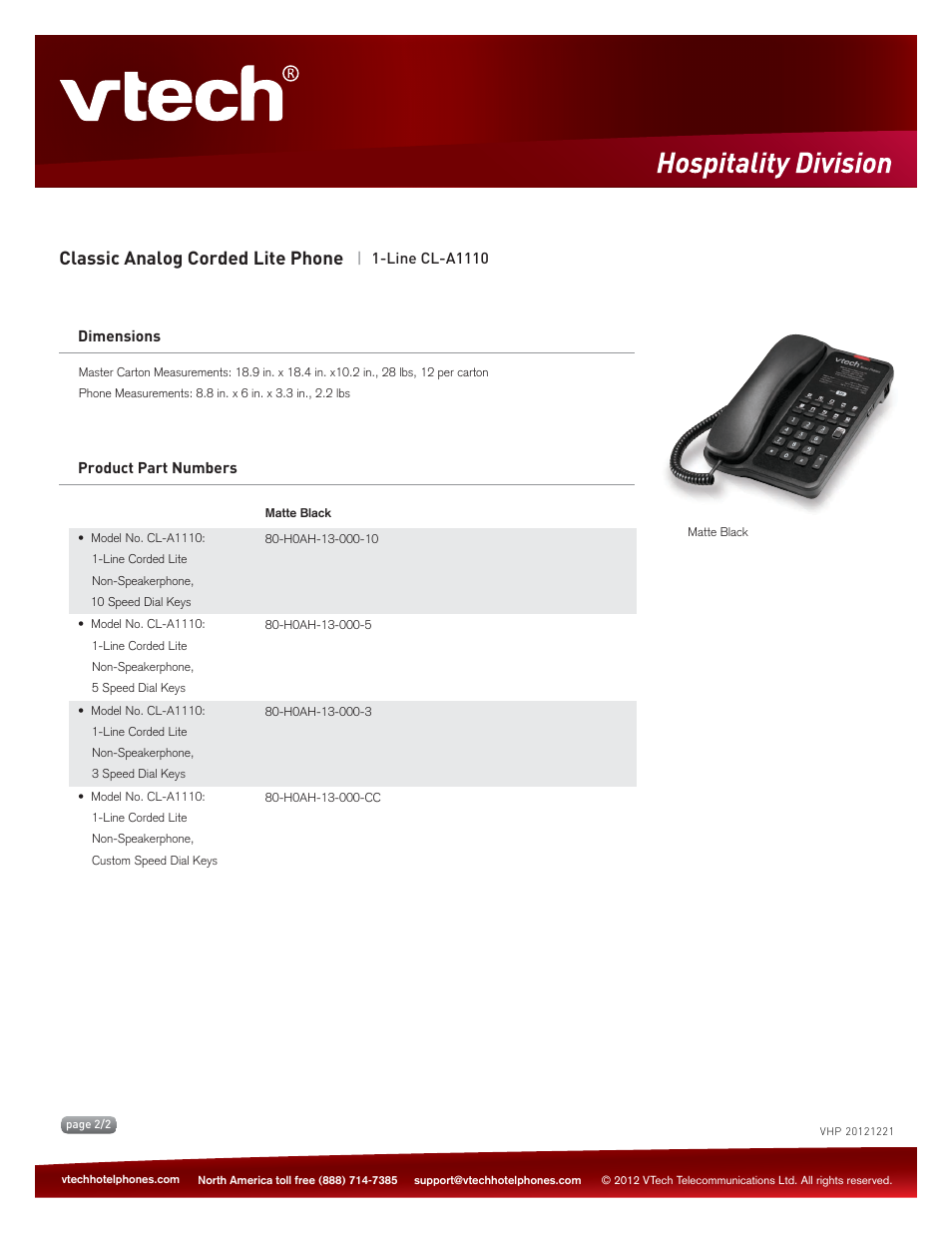 Classic analog corded lite phone, Key features | VTech CL-A1110 Spec Sheets User Manual | Page 2 / 2