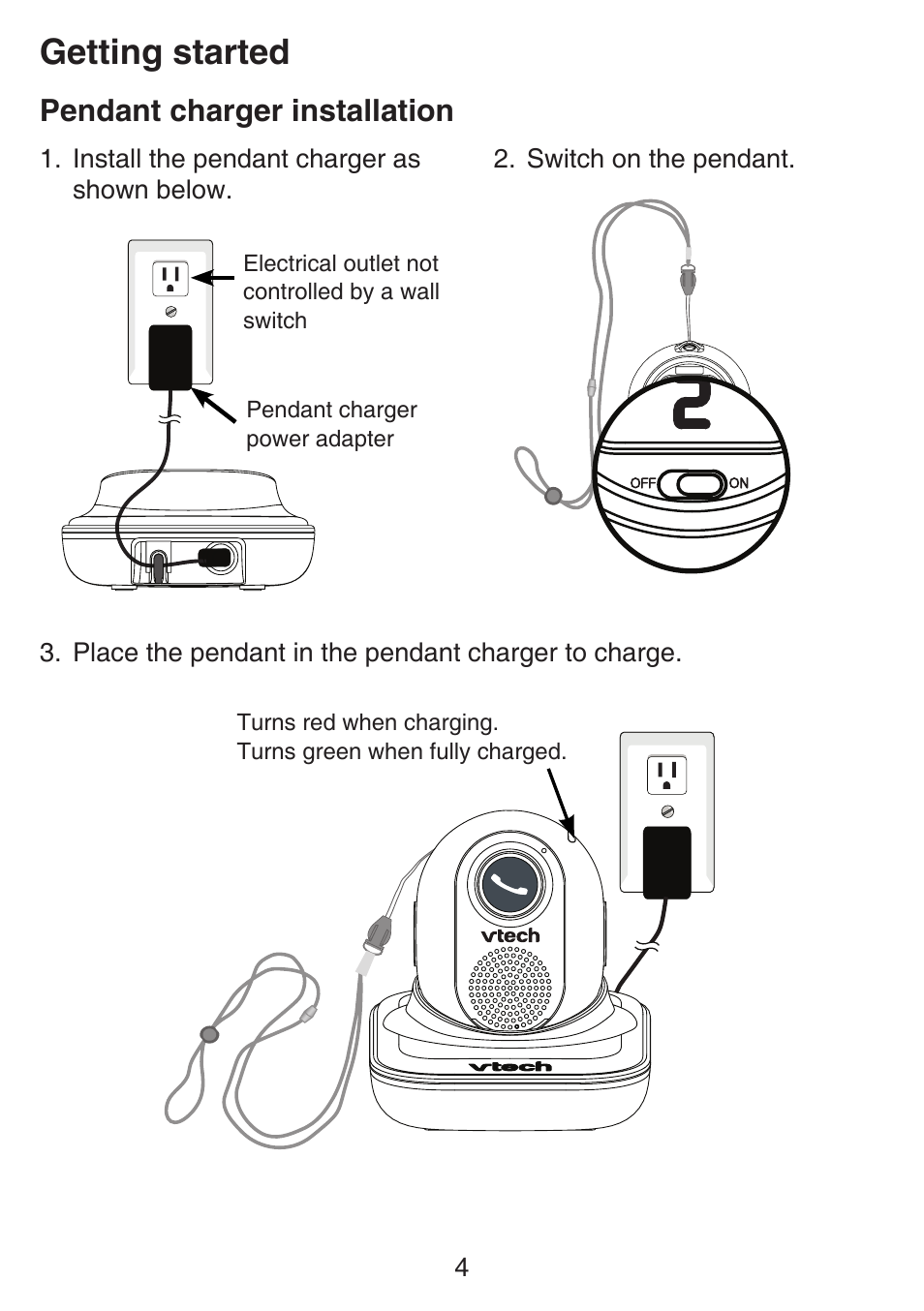 Pendant charger installation, Getting started | VTech SN6187 Manual User Manual | Page 10 / 127