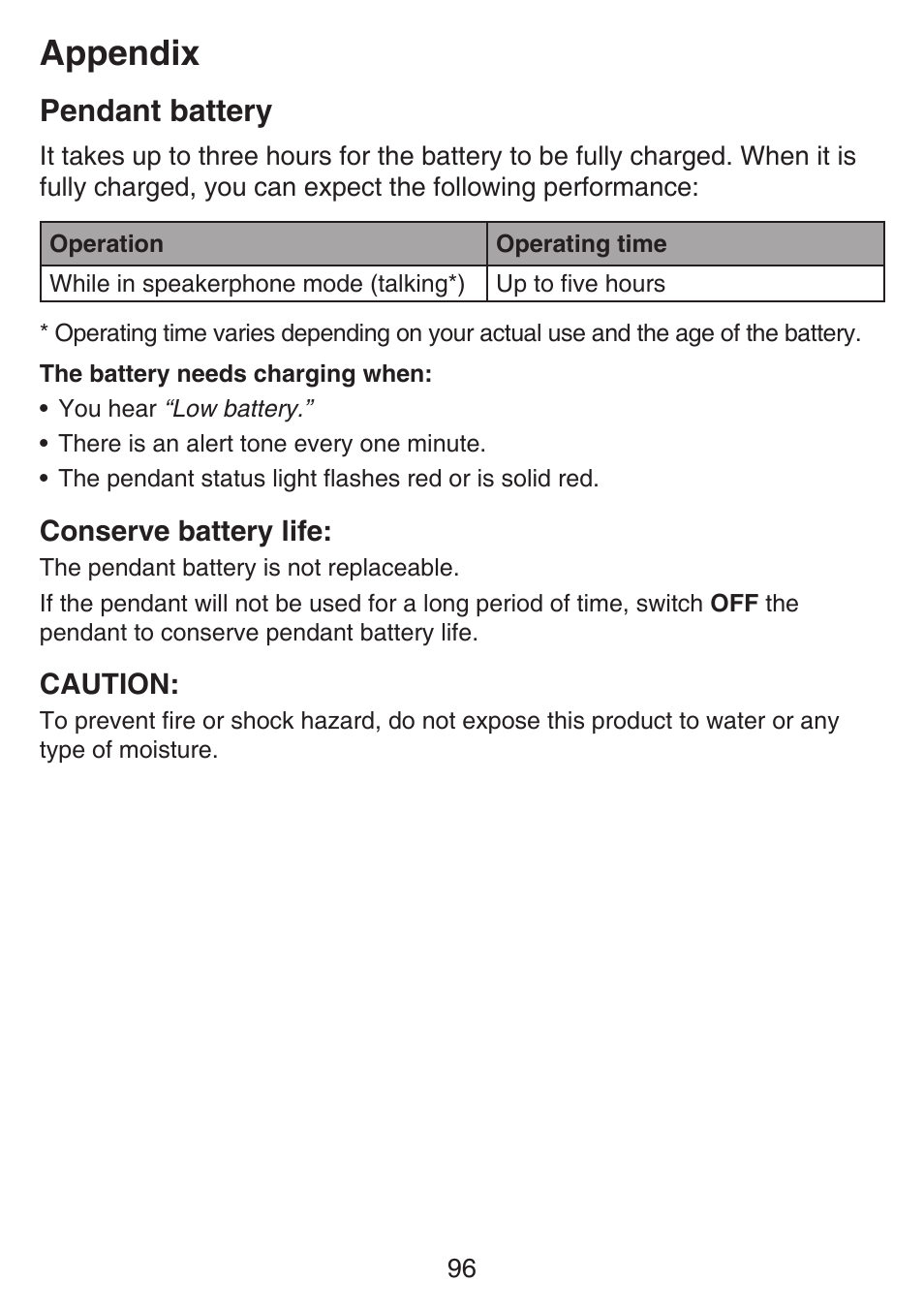 Pendant battery, Appendix | VTech SN6187 Manual User Manual | Page 102 / 127