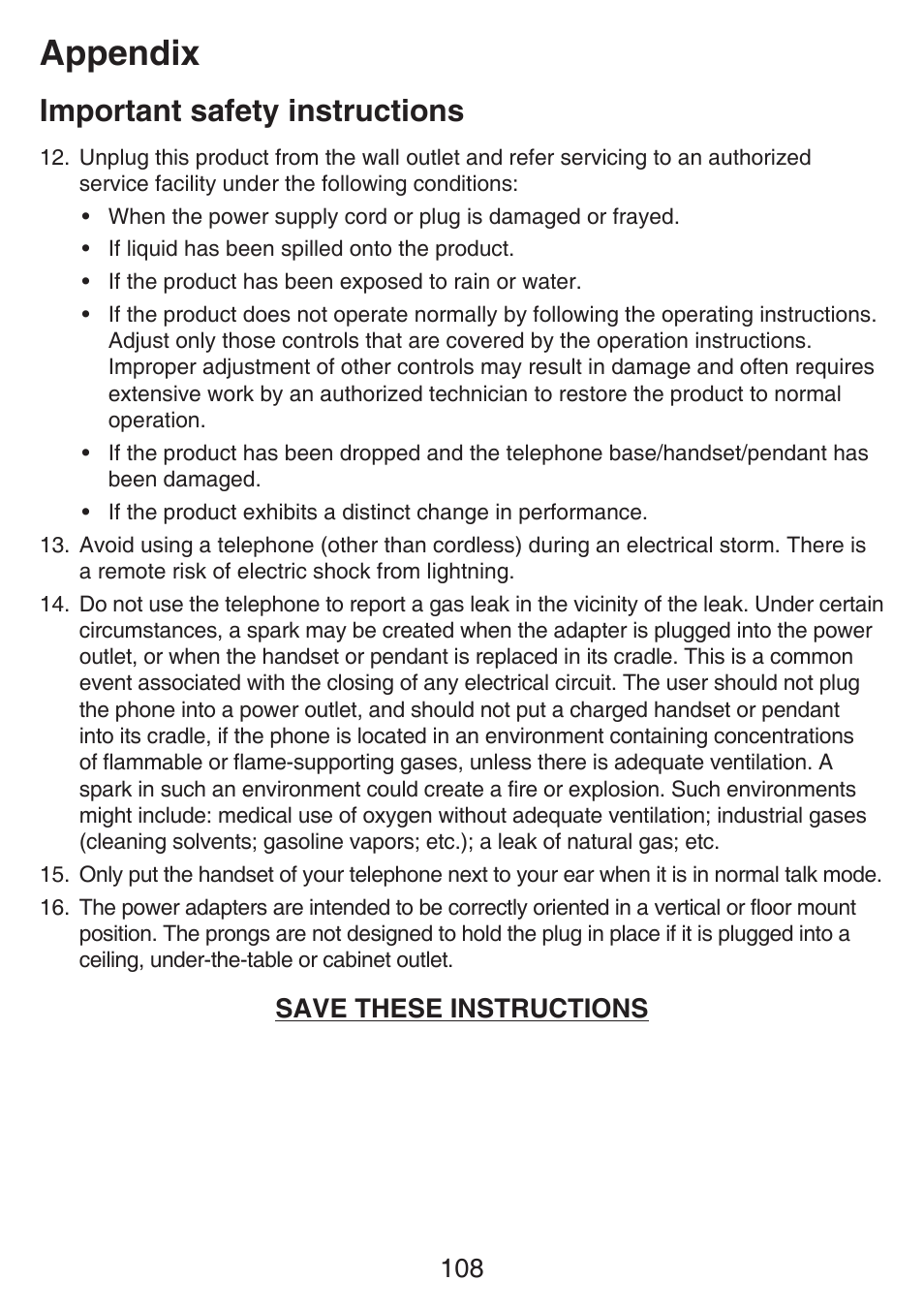 Appendix, Important safety instructions, Save these instructions | VTech SN6187 Manual User Manual | Page 114 / 127