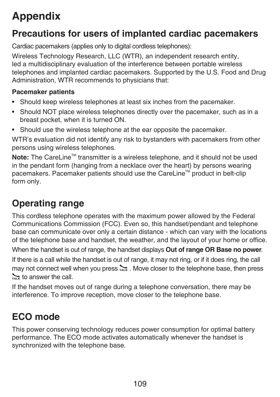 Eco mode, Operating range, Precautions for users of | Implanted cardiac, Pacemakers, Operating range eco mode, Appendix | VTech SN6187 Manual User Manual | Page 115 / 127