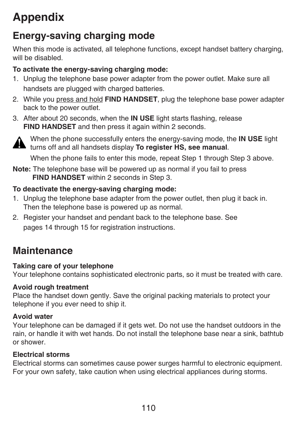 Maintenance, Energy-saving charging mode, Energy-saving charging | Mode, Appendix | VTech SN6187 Manual User Manual | Page 116 / 127