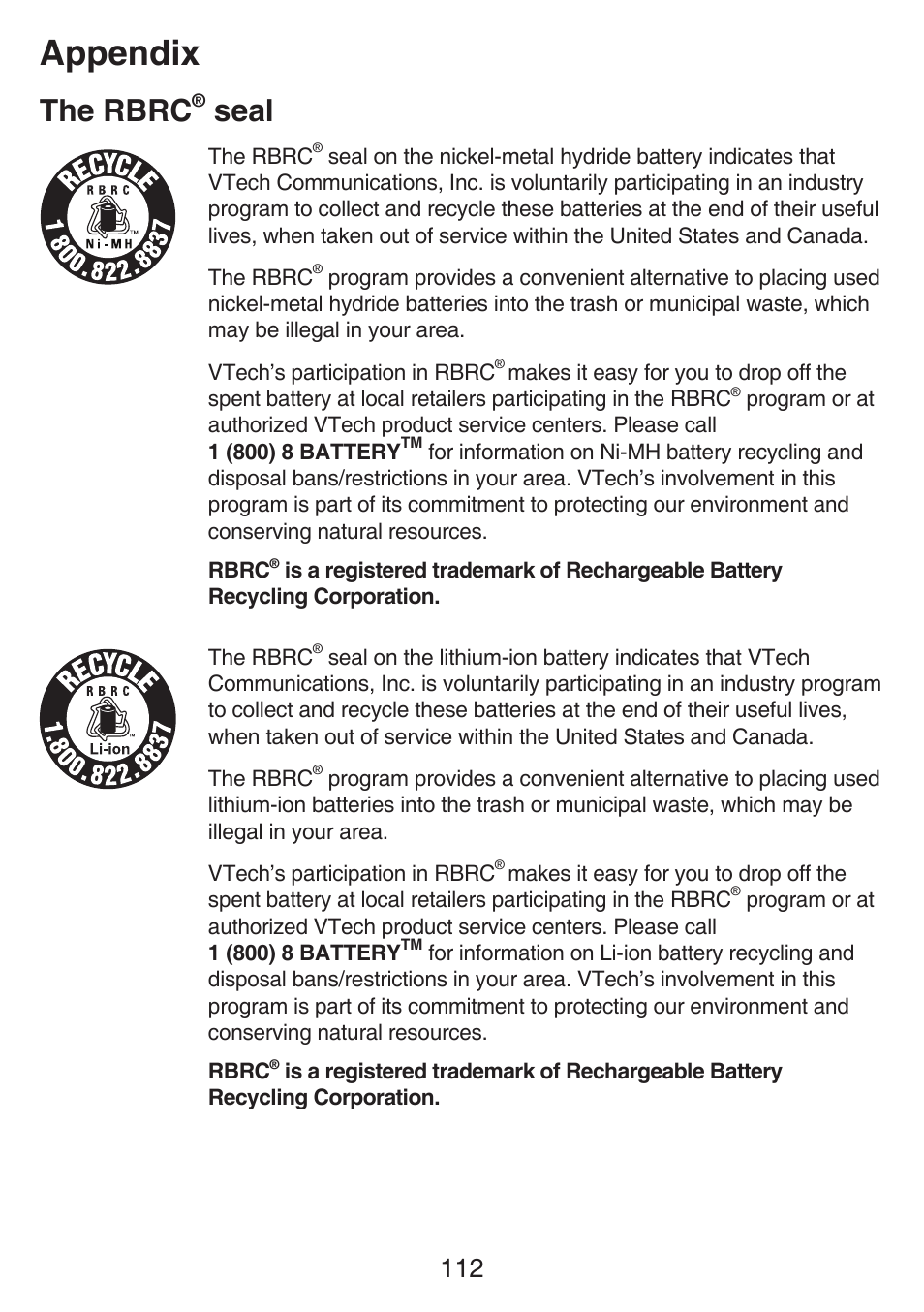 Industry canada, The rbrc® seal, The rbrc | Seal, Appendix | VTech SN6187 Manual User Manual | Page 118 / 127