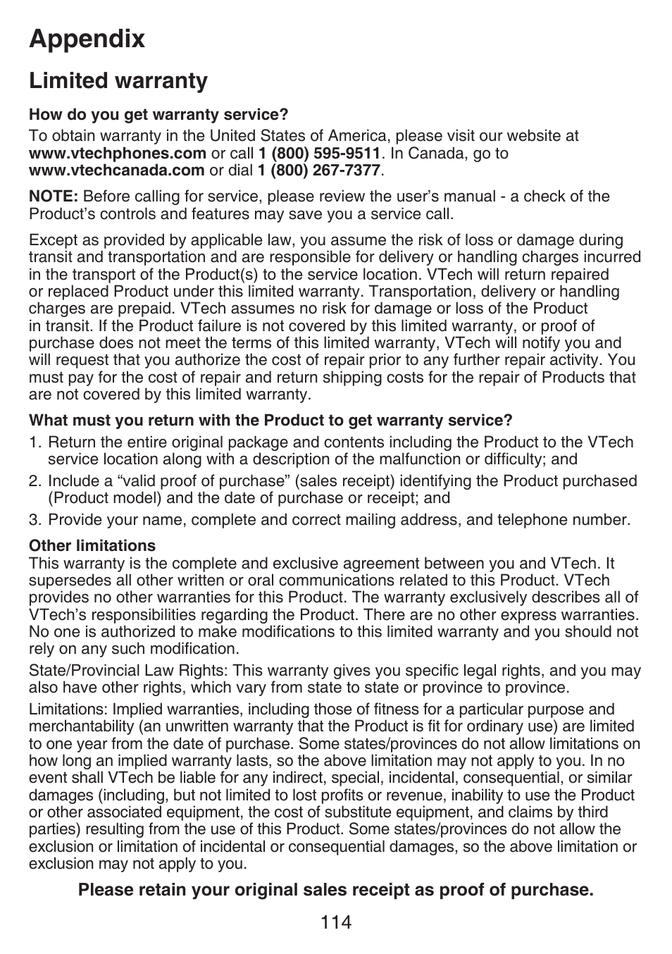 Appendix, Limited warranty | VTech SN6187 Manual User Manual | Page 120 / 127