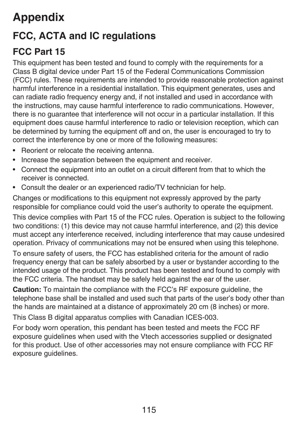 Limited warranty, Fcc, acta and ic regulations, Fcc, acta and ic | Regulations, Appendix, Fcc part 15 | VTech SN6187 Manual User Manual | Page 121 / 127