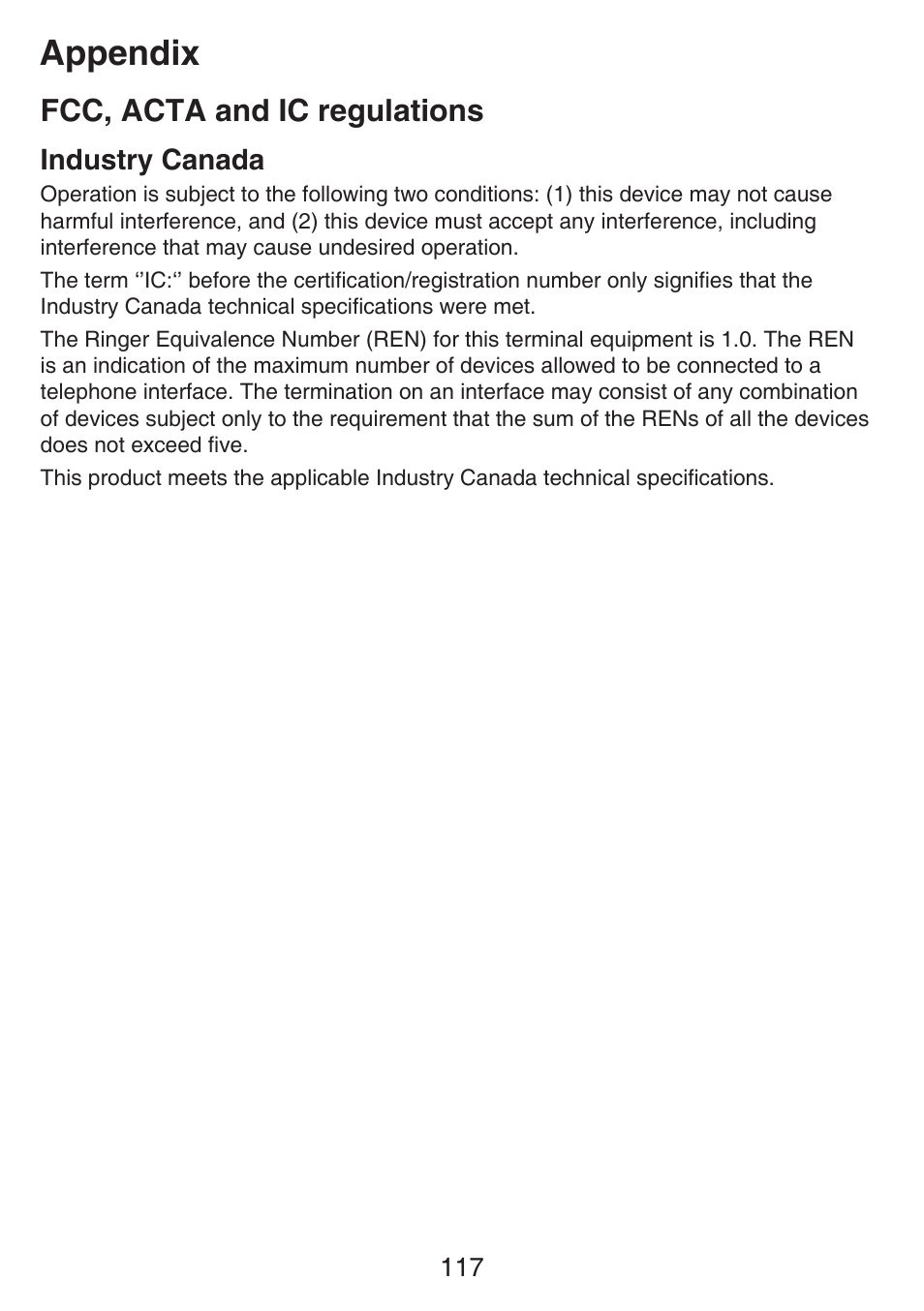 Appendix, Fcc, acta and ic regulations, Industry canada | VTech SN6187 Manual User Manual | Page 123 / 127