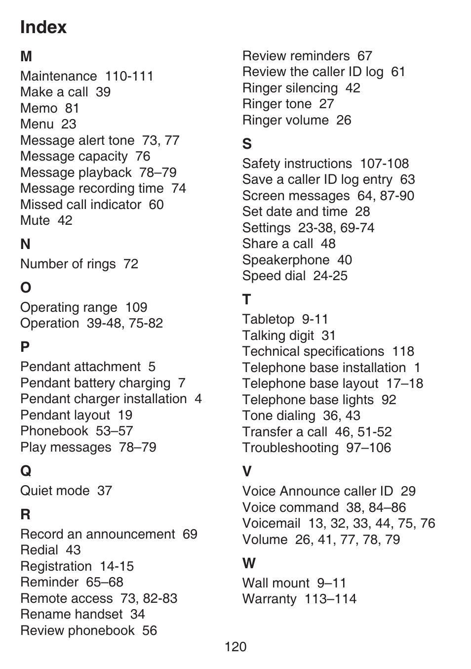 Index | VTech SN6187 Manual User Manual | Page 126 / 127