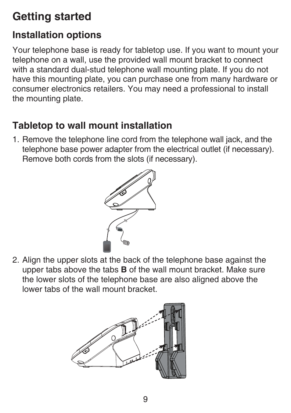 Installation options, Tabletop to wall mount installation, Installation options tabletop to wall mount | Installation, Getting started | VTech SN6187 Manual User Manual | Page 15 / 127