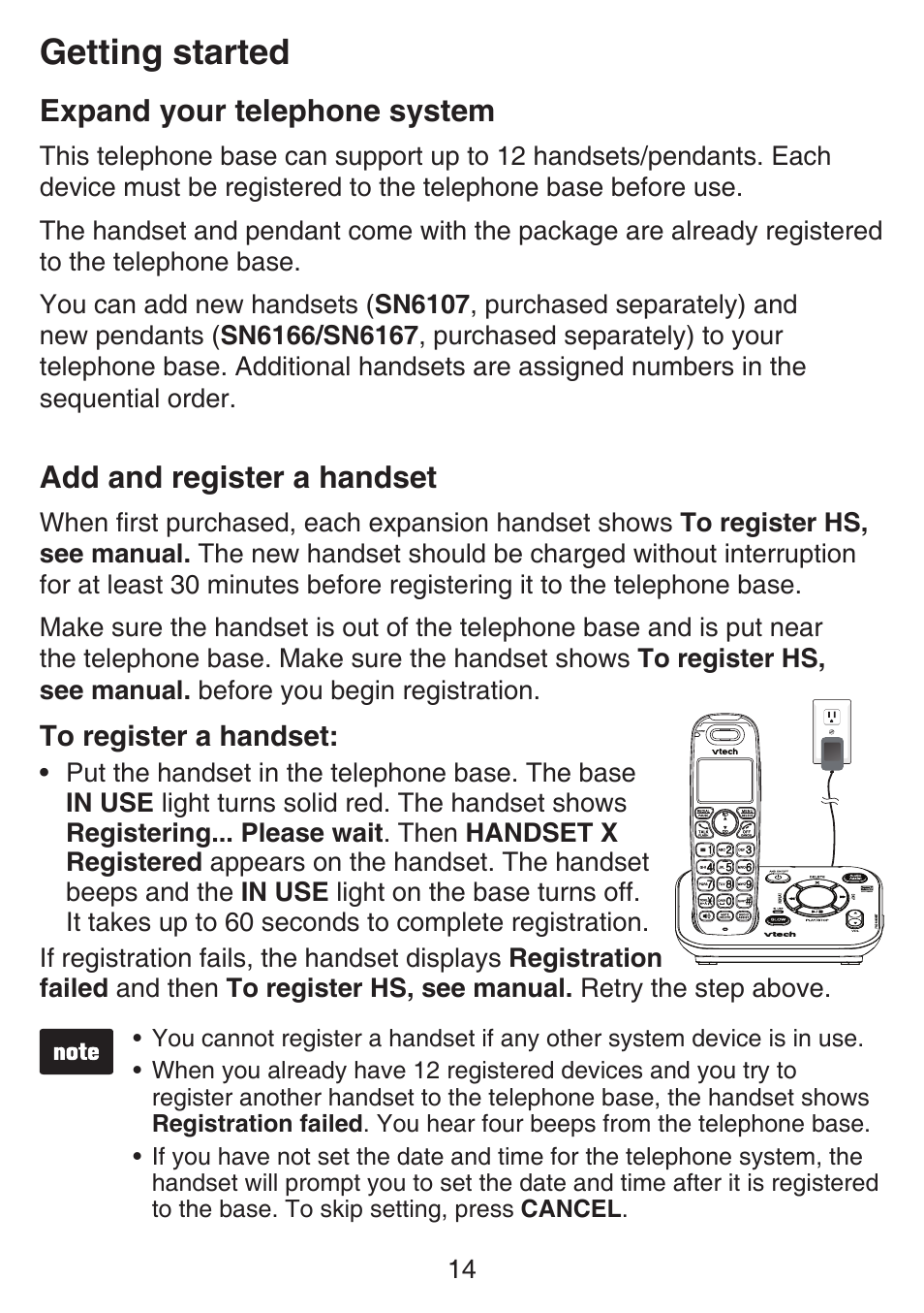 Expand your telephone system, Add and register a handset, Getting started | VTech SN6187 Manual User Manual | Page 20 / 127