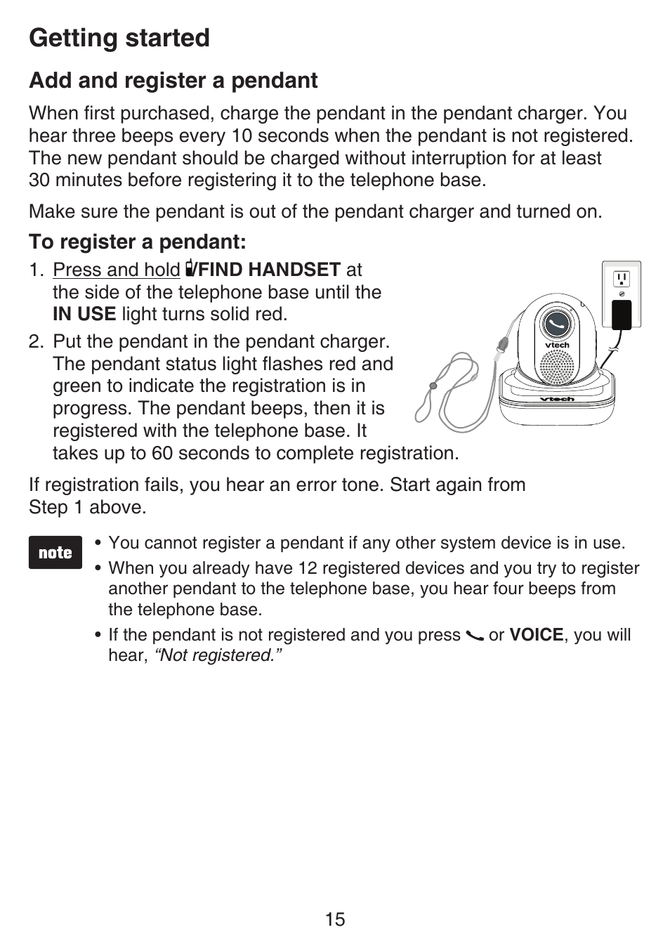 Add and register a pendant, Getting started | VTech SN6187 Manual User Manual | Page 21 / 127