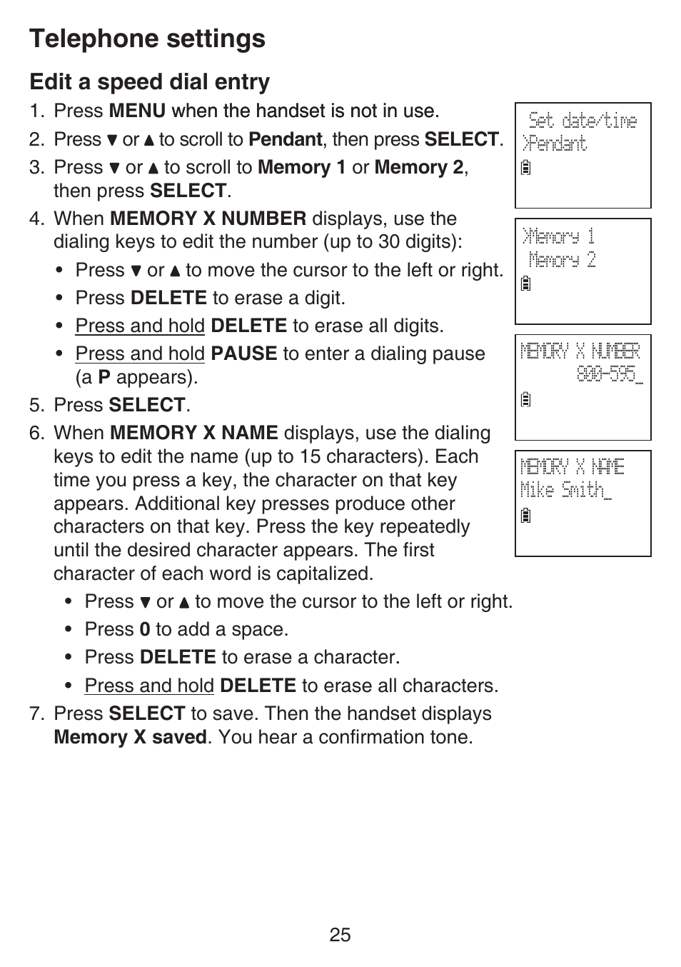 Edit a speed dial entry, Telephone settings | VTech SN6187 Manual User Manual | Page 31 / 127