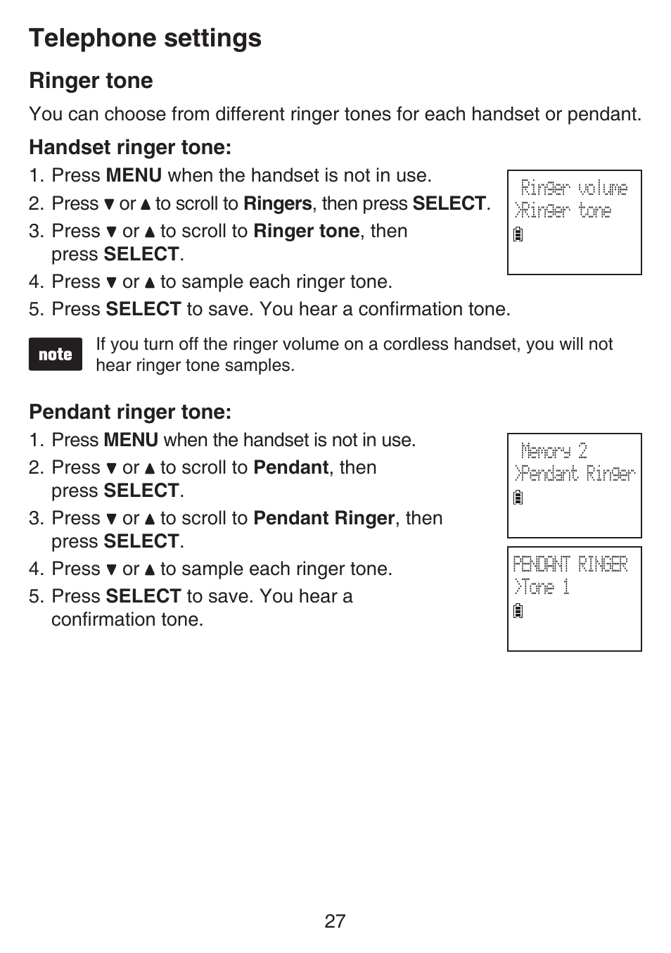 Ringer tone, Telephone settings | VTech SN6187 Manual User Manual | Page 33 / 127