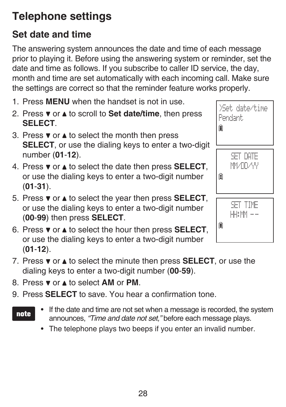 Set date and time, Telephone settings | VTech SN6187 Manual User Manual | Page 34 / 127